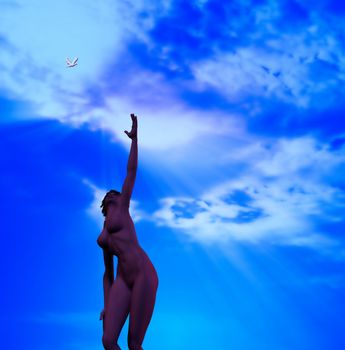 Naked woman aspires to the sky. White bird in clouds