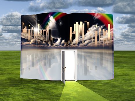 Surrealism. Book with opened door and rainbow over city of future.