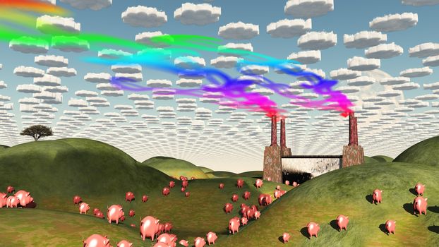 Surreal landscape with factory and pigs moviong toward factory