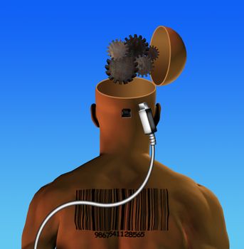 Gears in man head. Barcode and USB cable
