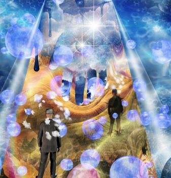 Surreal composition. Men in suit stands in magical field. All seeing eye on God hand