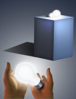 Gray pedestal and glowing light bulb in human hands