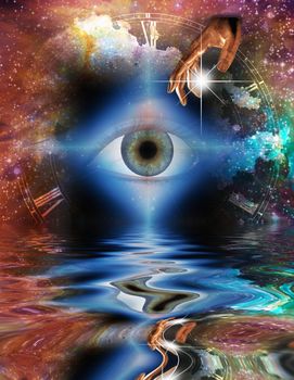 Surreal digital art. Eye and hand of God reflected in water surface.