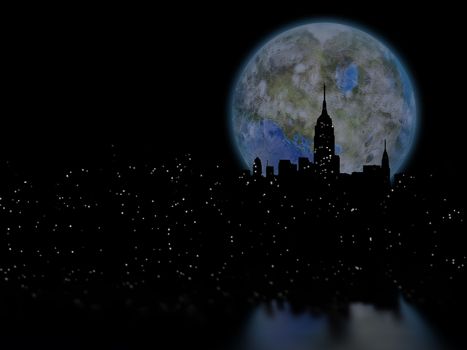 3D rendering. Terraformed moon over night city.