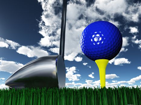 Golf club. Ball on green grass