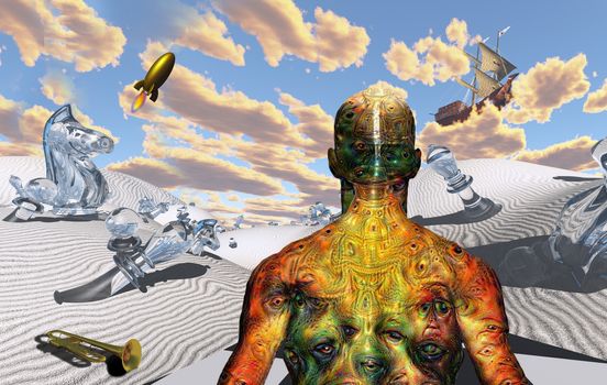Man with weird eyes on body stands in surreal desert with chess figures and trumpet. Rocket and ancient ship in the sky.