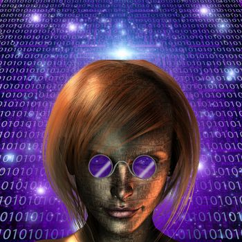 Cyborg girl wearing purple glasses. Binary code background