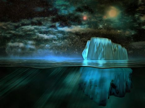 Surreal painting. Iceberg, starry sky.