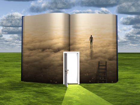 Surrealism. Book with opened door, ladder and figure of man in clouds.