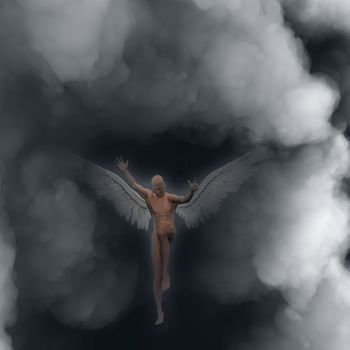 Surrealism. Naked man with wings represents angel.