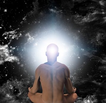 Surrealism. Naked man in lotus pose sits before endless universe.