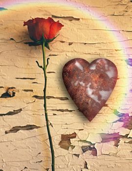 Surrealism. Red rose and rusted heart. Rainbow.