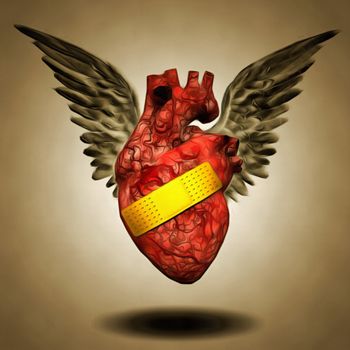 Surrealism. Winged human heart with patch.