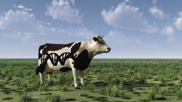 Surrealism. 3D rendering. Cow with DNA chain sign stands on green field.