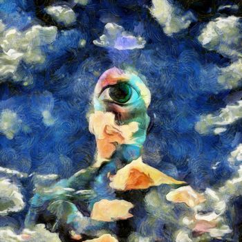 Surreal painting. Man with eye on a back of the head and storm cloud above. Background of clouds.