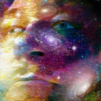 Surrealism. Man's face on deep space background.