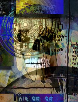 Surreal composition. Human skull and time spiral vortex. Ancient script on the background