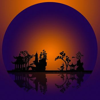 Asia Landscape Silhouettes. 3D rendering