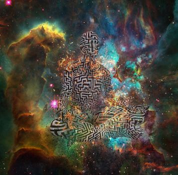 Surrealism. Figure of man with maze pattern in lotus pose in flames. 3D rendering. Some elements provided courtesy of NASA