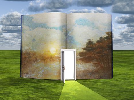 Surrealism. Book with opened door and sunrise over forest.