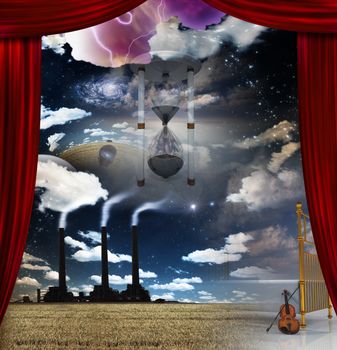Surreal Composition. Factory in the field. Hourglass and violin. Human thoughts