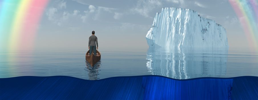 Iceberg and rainbow at the sea. Man floats in boat.