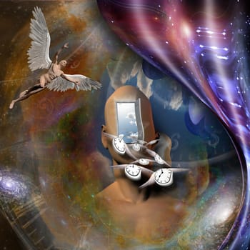 Surrealism. Man's head with opened door to another world. Naked man with wings represents angel. Winged clocks symbolizes flow of time. Warped space.