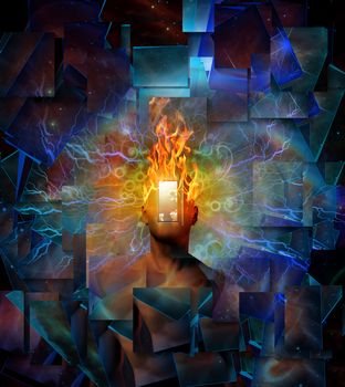 Man with burning head in cosmic space