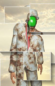 Surreal digital art. Man in white corroded suit with green apple instead of face. Rene Magritte style.