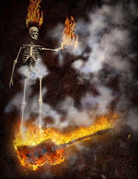 Burning bass guitar and skeleton holds flames