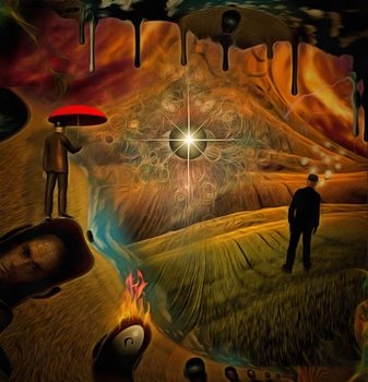 Complex surreal painting. Businessman is thinking in the field. Man with red umbrella is hovering in the sky. God's eye, another dimension flows down. Men's heads with different thoughts.