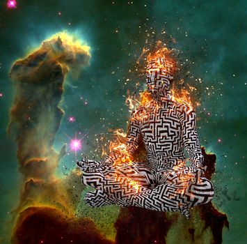 Surrealism. Figure of man with maze pattern in lotus pose in flames. 3D rendering. Some elements provided courtesy of NASA