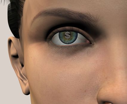 Womans face with dollar sign in eye