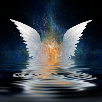 Surrealism. White wings over water ripples.