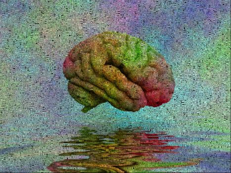Abstract painting. Colorful brain above water