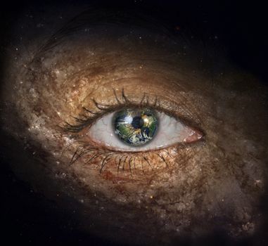 Surrealism. Woman's eye with galaxies. Planet Earth Iris.