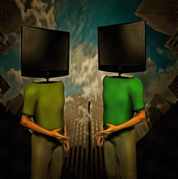 Surreal painting. Two men with TV-screens instead of their heads are dicussing. Skyscrapers on a background.