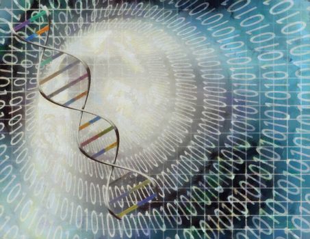 Modern art. DNA chain inside tunnel of binary code.