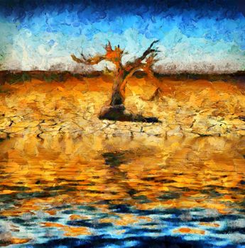 Surreal painting. Old dry tree on a desert shore. 