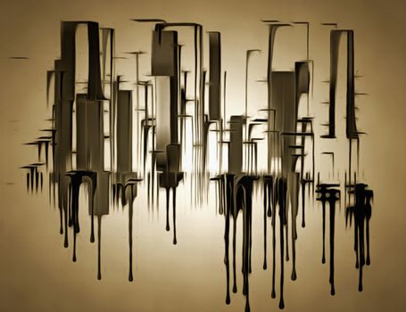 Abstract painting. City shapes drips down.