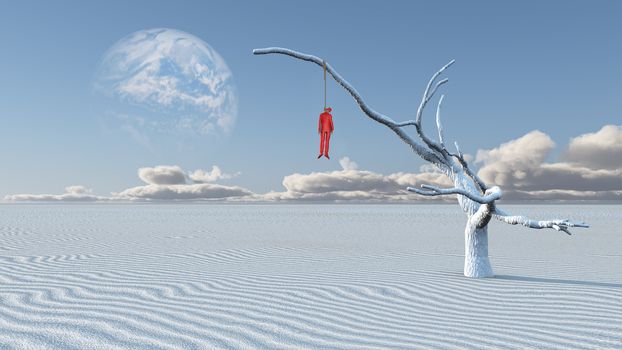 Surreal white desert. Man in red suit is hanged on a dry tree.
