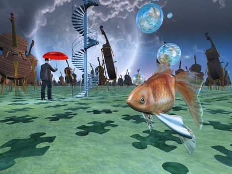 Surreal scene with various eelements. Violins and gold fish.