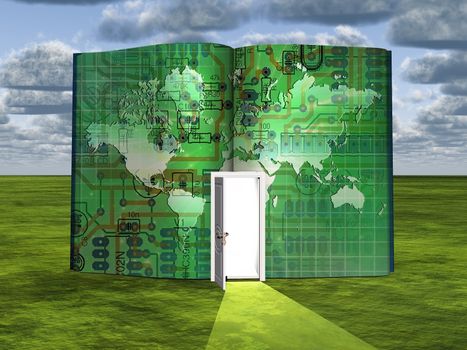 Surrealism. Book with opened door and image of electronic board and world map.