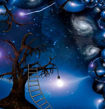 Imagination Abstract with endless spaces, old tree with ladder and light bulb symbolizes idea or knowledge