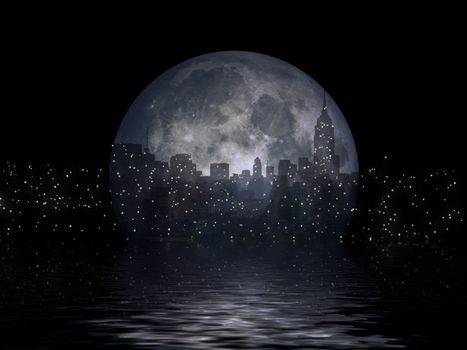 New York city silhouettes reflects in the moon. 3D rendering