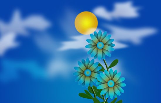 Cartoonish illustration. Daisies and Sun in cloudy sky