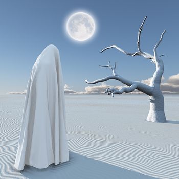 Figure covered by cloth similar to hijab in surreal white desert. 3D rendering