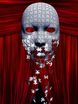 Puzzle pieces fall away from mask in theater background with red curtains