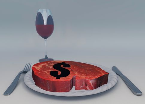 Raw meat and glass of wine. Dollar sign.