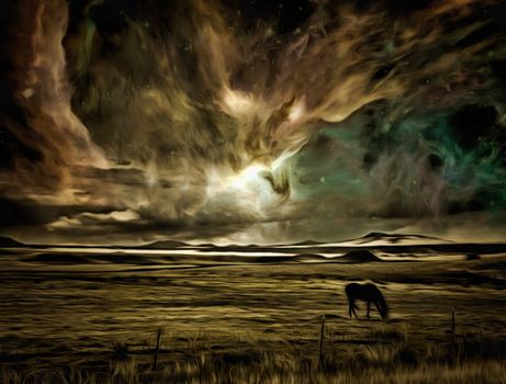 Surreal digital art. Horse grazes in the field. Vivid colorful sky with stars and galaxies.